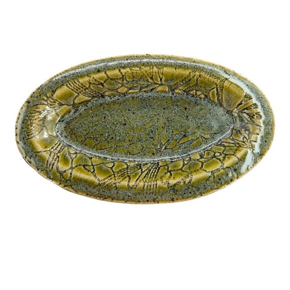 Vintage Studio Art Pottery Elongated Dish Tray Pottery Ceramic Signed Green - Picture 10 of 13